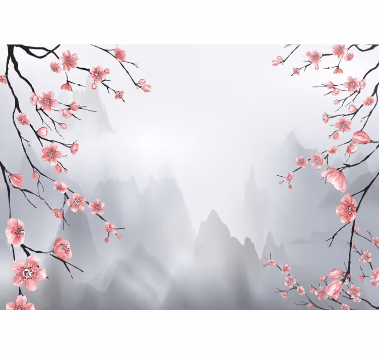 회색 블라인드 벚꽃과 산景 - TenStickers