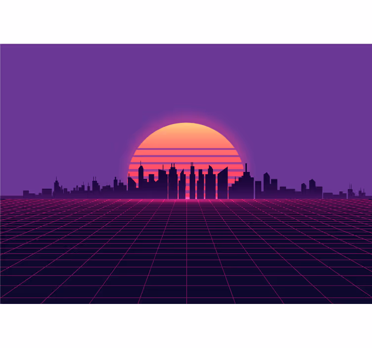 Vaporwave 일몰 80 년대 스타일의 빈티지 벽 벽화 - TenStickers