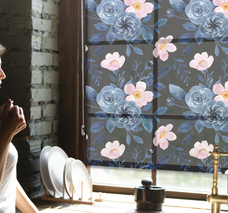 꽃과 식물이 있는 블라인드 파란 꽃무늬 - TenStickers