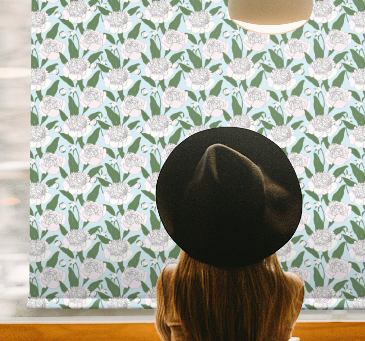 꽃과 식물이 있는 블라인드 백색 모란 패턴 - TenStickers