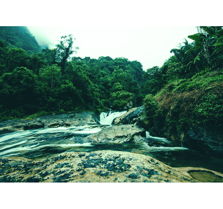 폭포가 있는 벽화 고요한 초록 풍경 - TenStickers