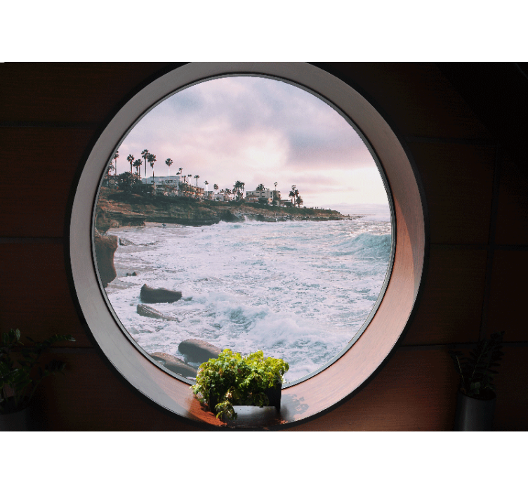 바위 벽 벽화와 3d 바다 풍경 해안 - TenStickers