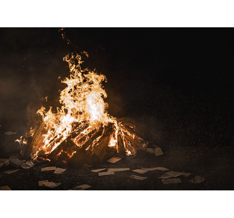 초록 벽 벽화 불타는 모닥불 장면 - TenStickers