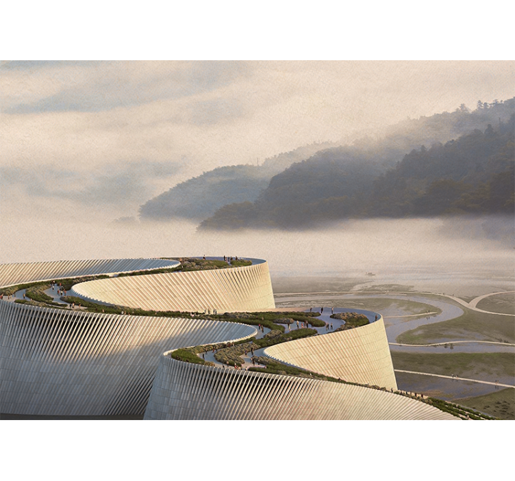 추상 모양의 건물 호수 벽 벽화 - TenStickers