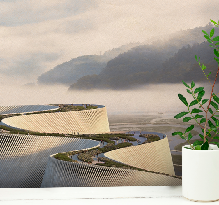 추상 모양의 건물 호수 벽 벽화 - TenStickers