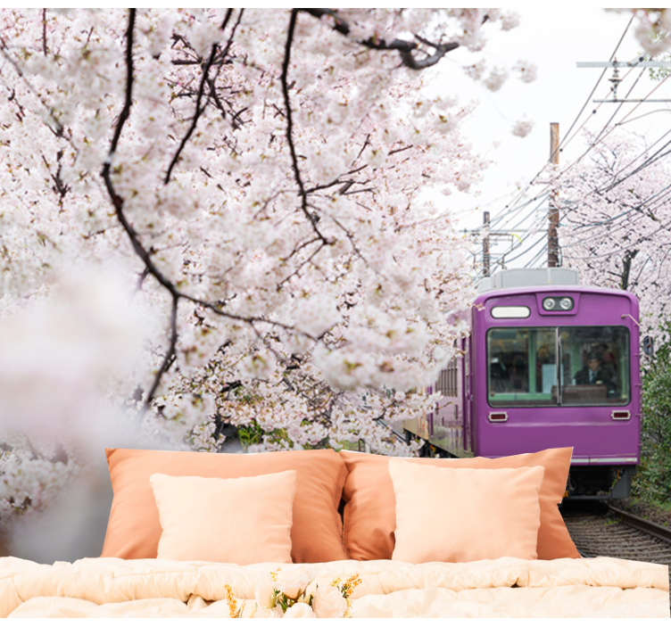 철도 벽 벽화를 따라 벚꽃 - TenStickers