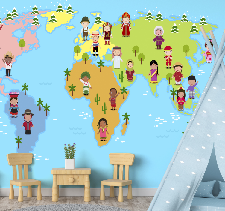 어린이 캐릭터 세계지도 벽화 - TenStickers