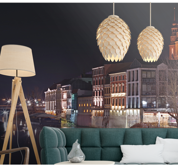 도시와 국가 벽 벽화 조명이 켜진 강변 건축물 - TenStickers