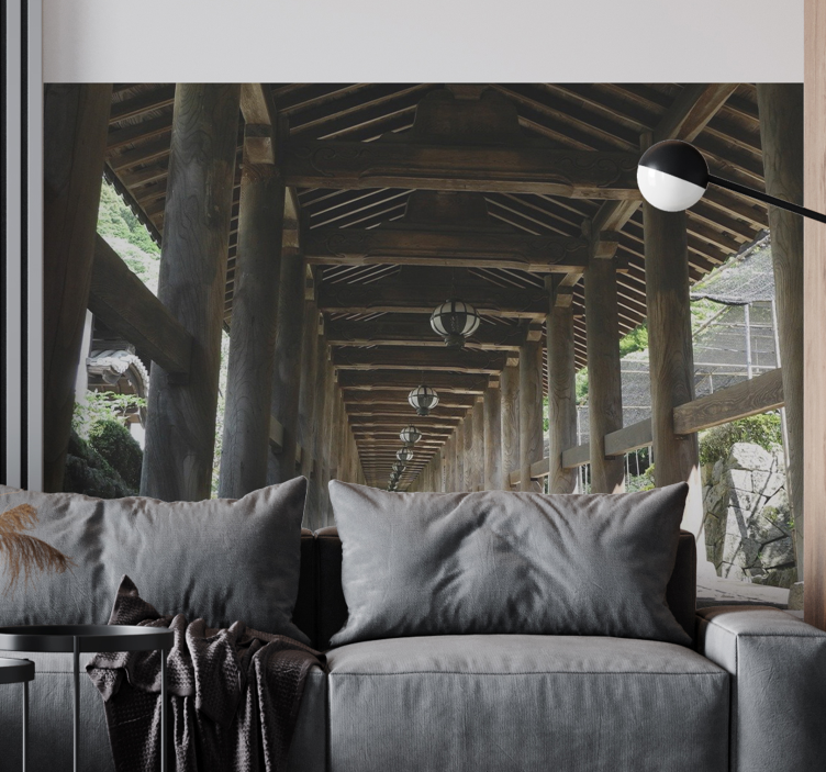 나무 기둥 3d 벽 벽화와 복도 - TenStickers