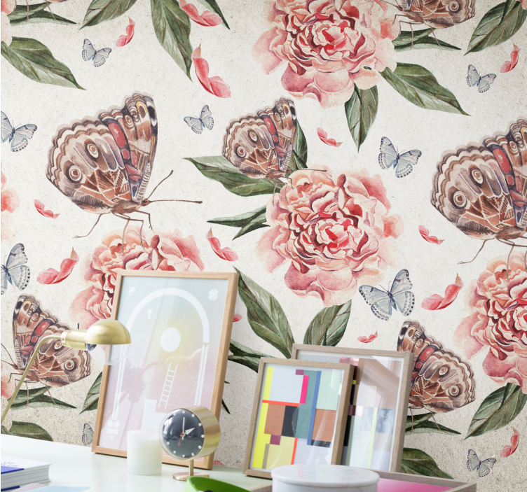 꽃 벽 벽화 나비와 모란 - TenStickers