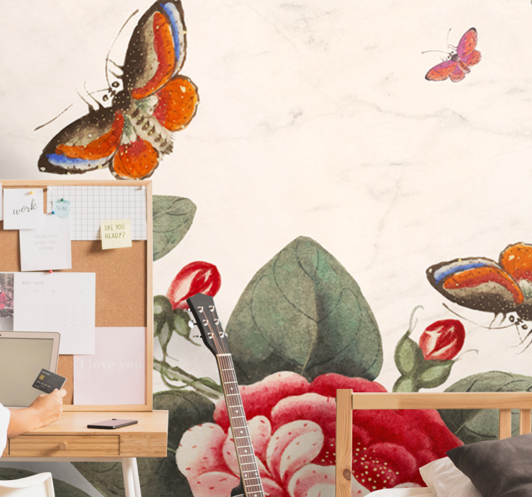 꽃 벽 벽화 - 날아다니는 곤충과 꽃들 - TenStickers