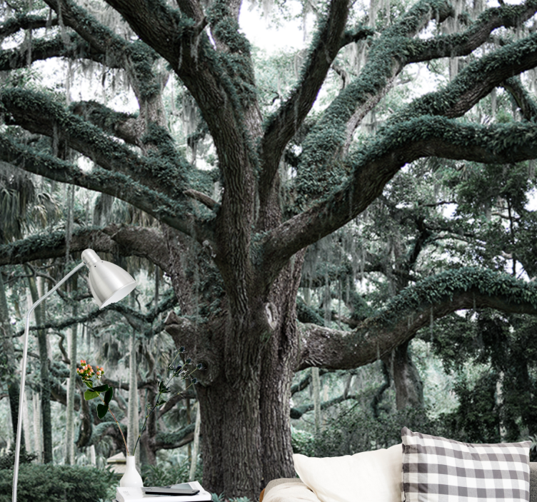 이끼 숲 벽 벽화로 덮인 거대한 나무 - TenStickers