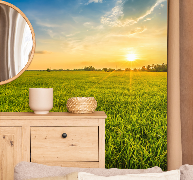 풍경 벽 벽화 초록 들판 위의 석양 - TenStickers