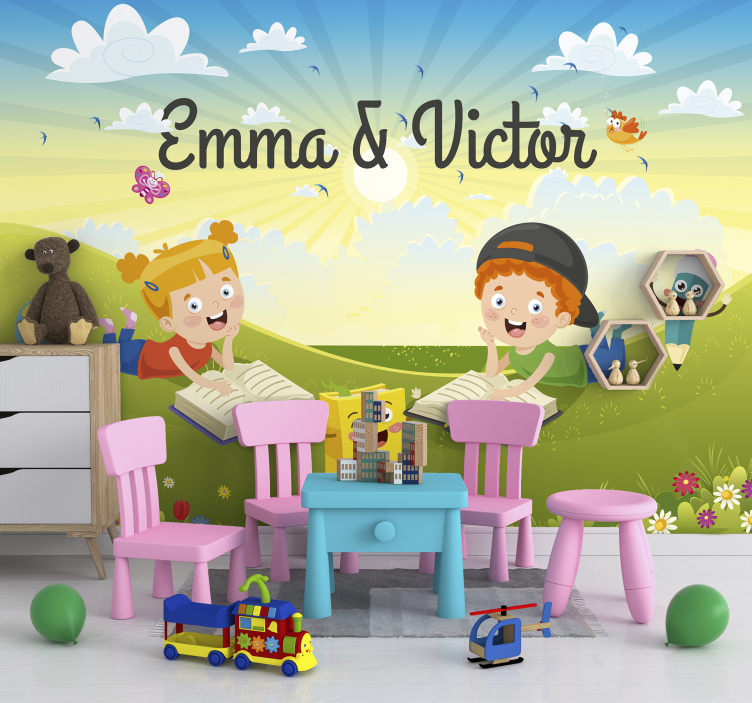 어린이 침실 벽 벽화 책을 가진 아이들 - TenStickers