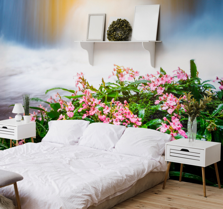 핑크 꽃 폭포 벽화 - TenStickers