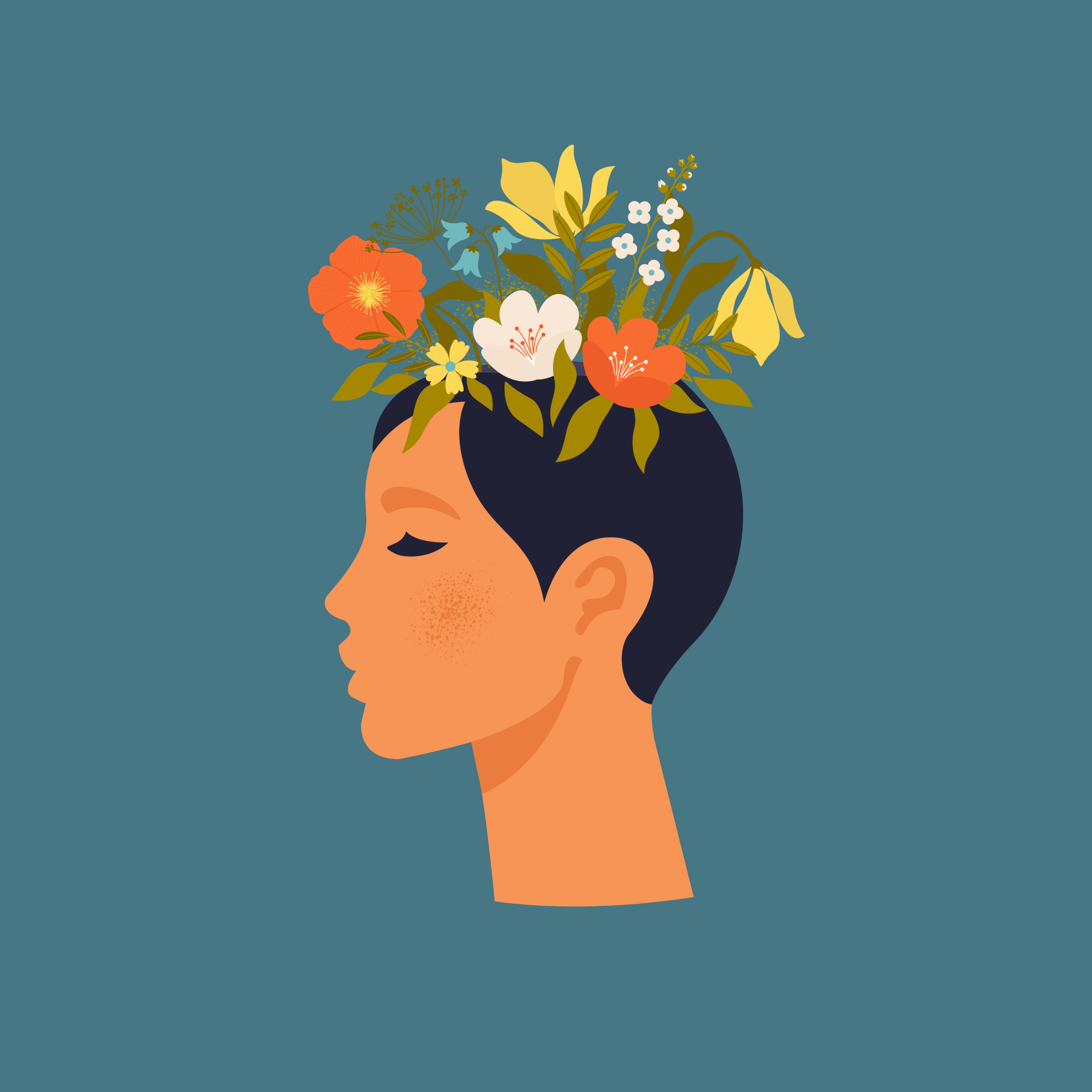 꽃이 있는 포스터 추상적인 여성과 파란 배경 - TenStickers