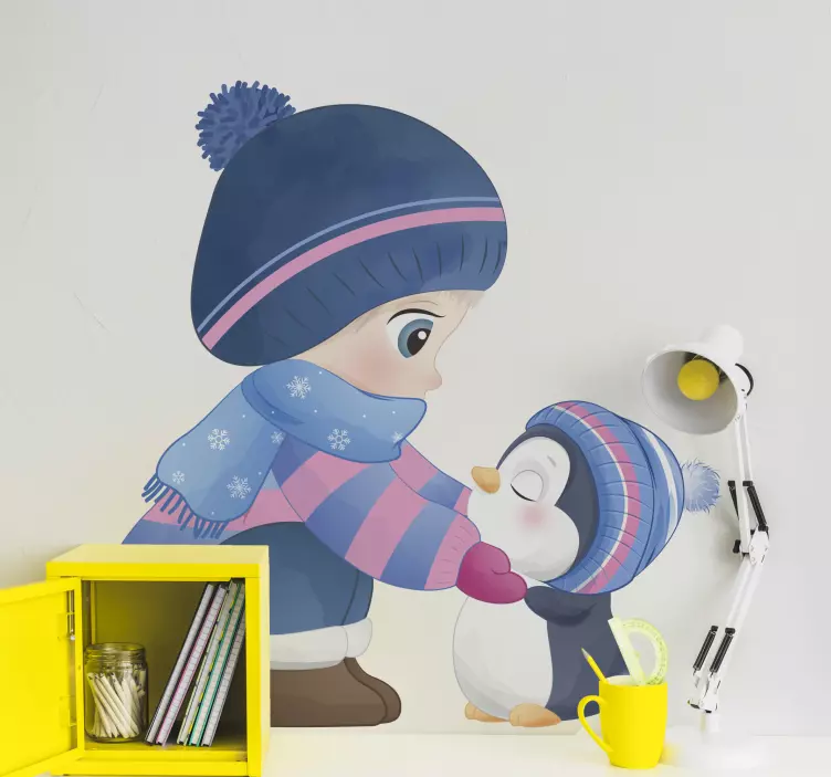 펭귄 일러스트 스티커를 들고있는 애니메이션 소녀 - TenStickers