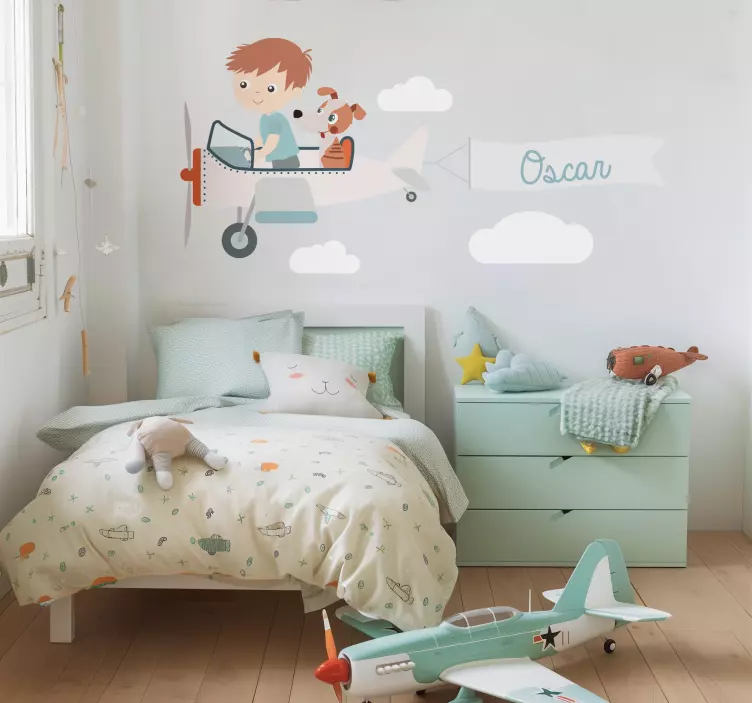 그림 벽 스티커 소년과 개는 비행기에 - TenStickers