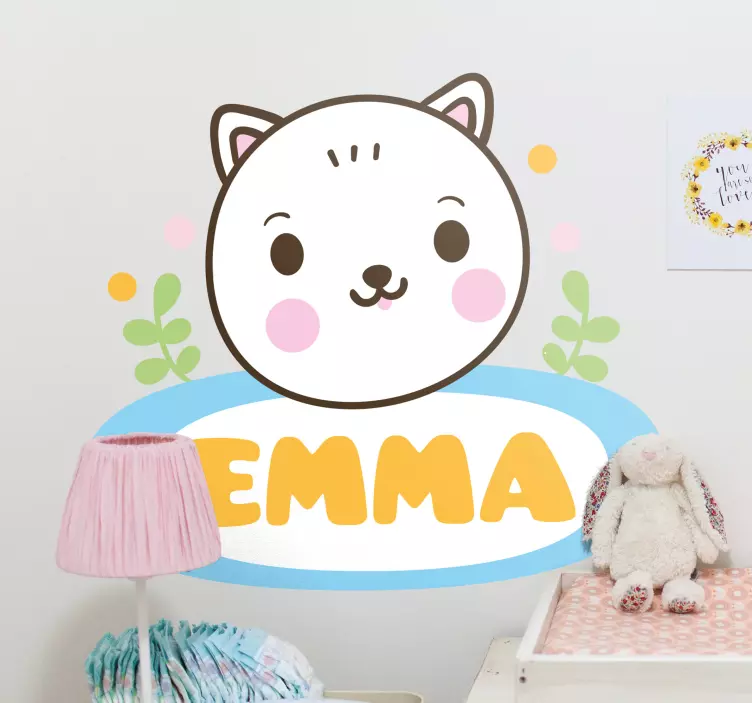 고양이 어린이 스티커와 함께 아이의 이름표 라벨 - TenStickers