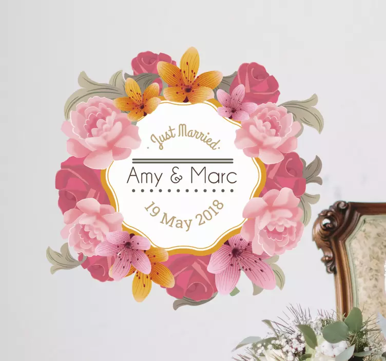 개인화 된 꽃 프레임 웨딩 스티커 - TenStickers