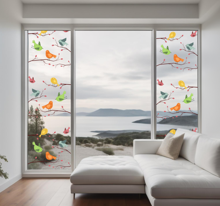 창 스티커 분홍 가지에 앉은 새들 - TenStickers