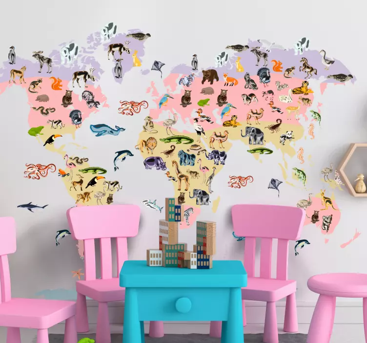 세계지도 벽 스티커 파스텔 동물 모티프 - TenStickers