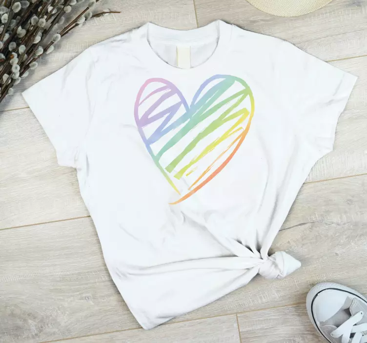 무지개 홀로그램 하트 라인 커플 티셔츠 - TenStickers