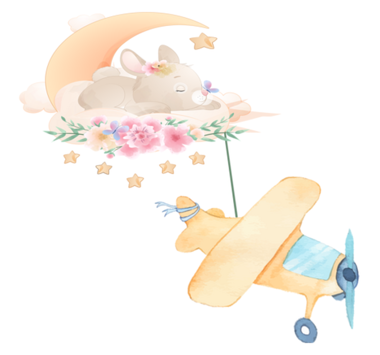 비닐 카펫 동물 달에서 자는 토끼와 장난감 비행기 - TenStickers