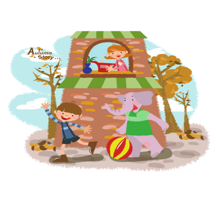 비닐 카펫 동물 코끼리와 아이들이 노는 모습 - TenStickers