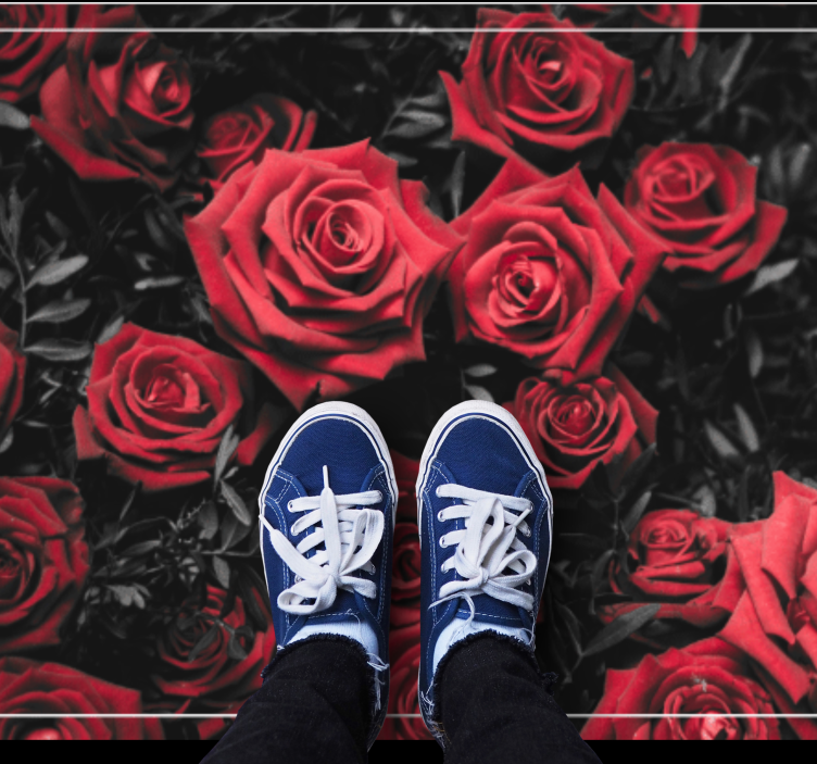 빨간 장미 꽃 깔개 흑백 귀여운 꽃다발 - TenStickers