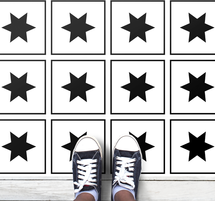 화이트 스타 블랙 타일 효과 비닐 러그 - TenStickers