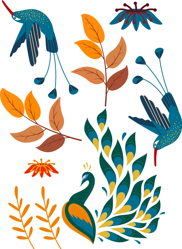 비닐 카펫 동물 텐간고 스타일 새와 식물 - TenStickers