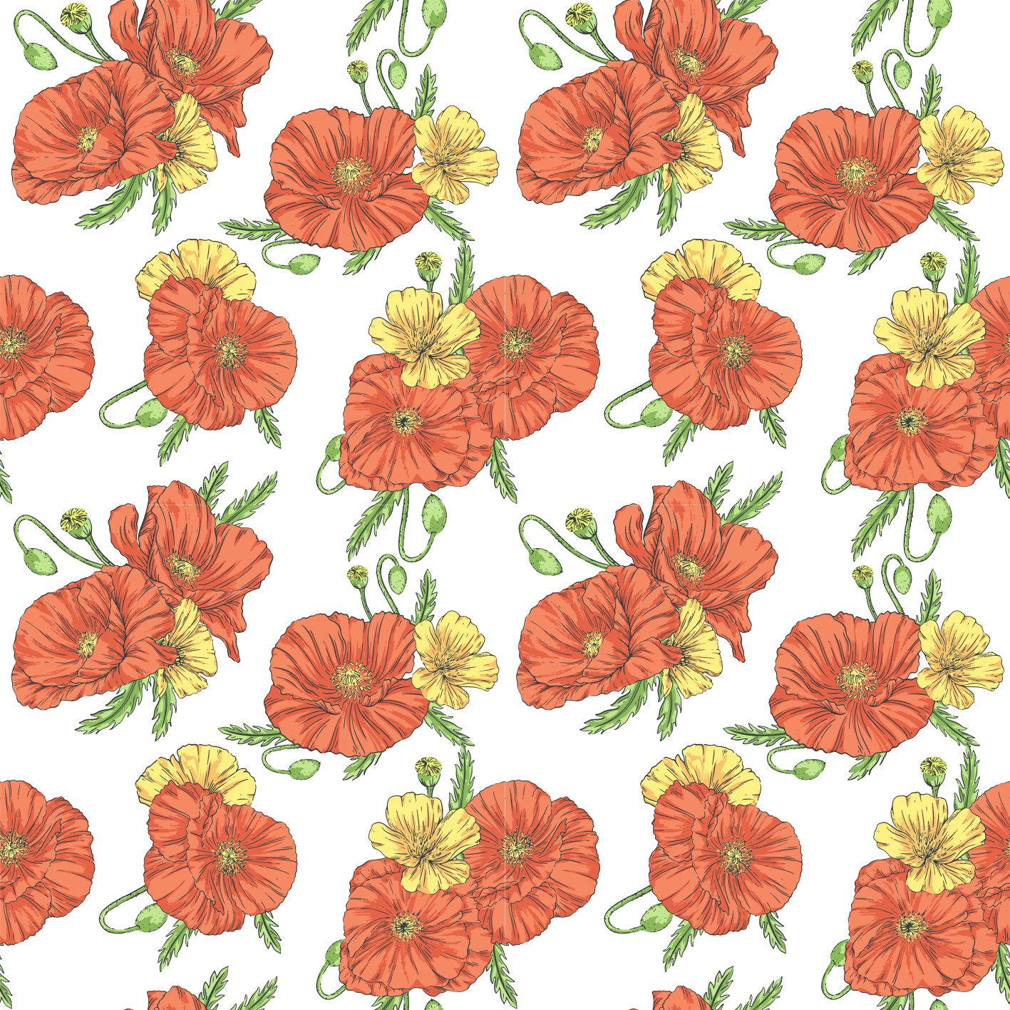 비닐 카펫 꽃과 식물 흰 배경의 양귀비 꽃 - TenStickers