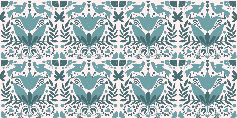 비닐 카펫 꽃과 식물 새가 있는 파란 민속 예술 패턴 - TenStickers