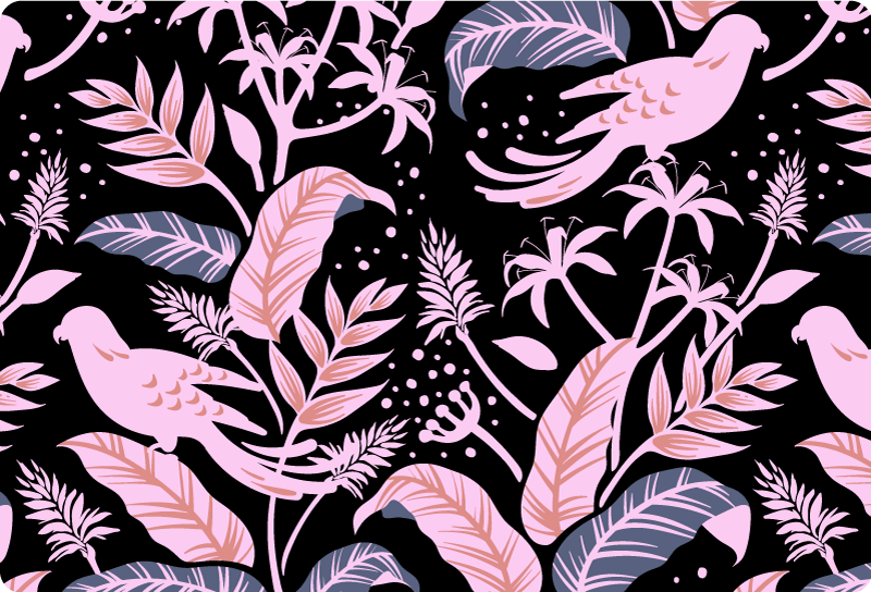 비닐 카펫 꽃과 식물 잎 위의 검은색과 분홍색 새 - TenStickers