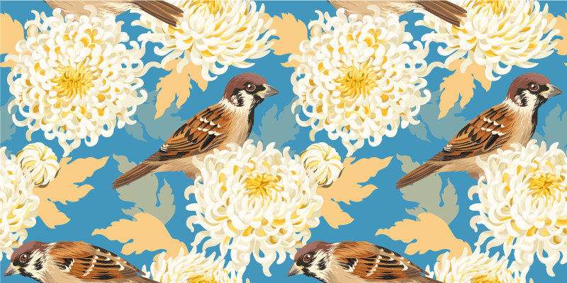 비닐 카펫 꽃과 식물 아쿠아렐라 새와 잎사귀 패턴 - TenStickers