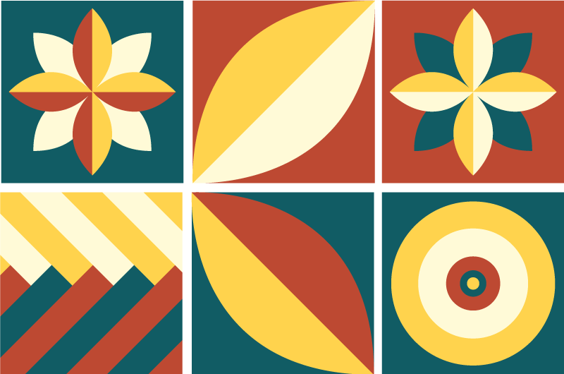 기하학적 효과 비닐 카펫 녹색과 주황색 패턴 타일 - TenStickers