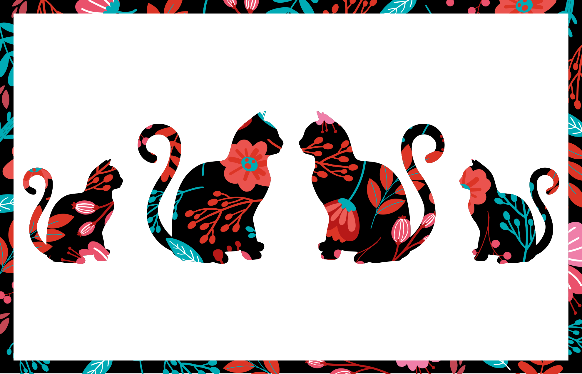 비닐 카펫 꽃과 식물 다채로운 고양이 실루엣 - TenStickers