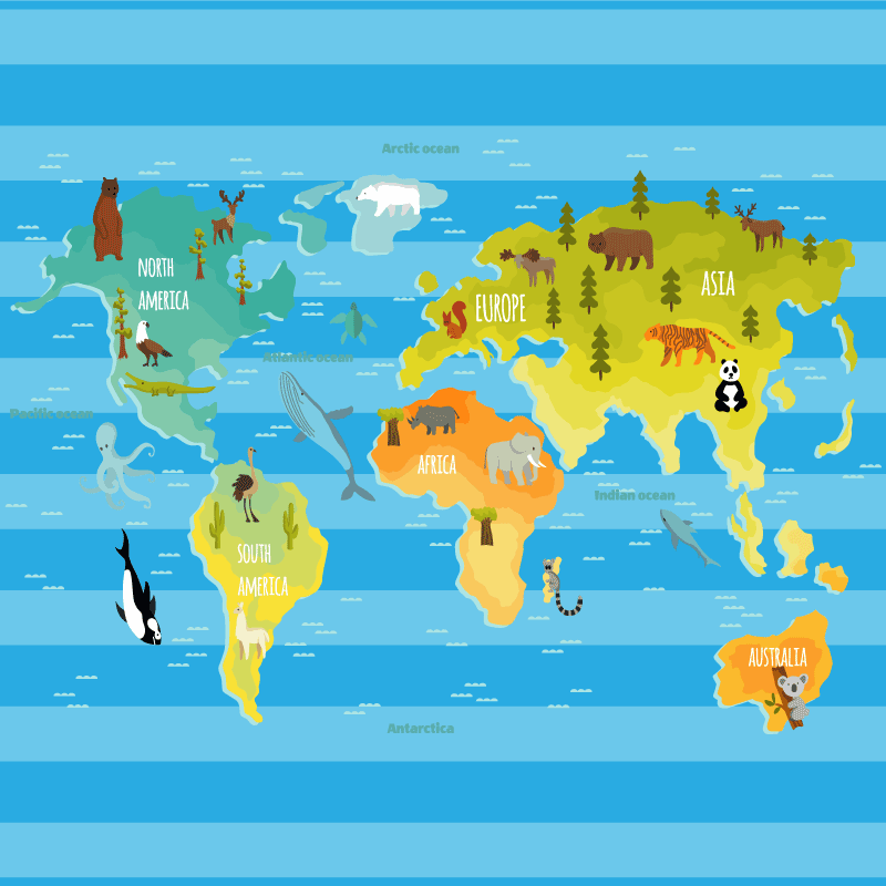 세계 지도 비닐 카펫 파란 줄무늬 지도 - TenStickers