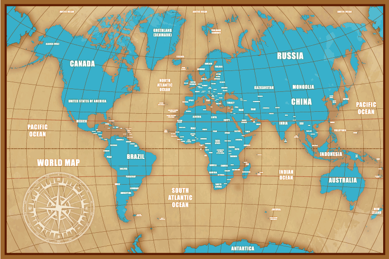 세계 지도 비닐 카펫 파란색 디자인과 국가들 - TenStickers