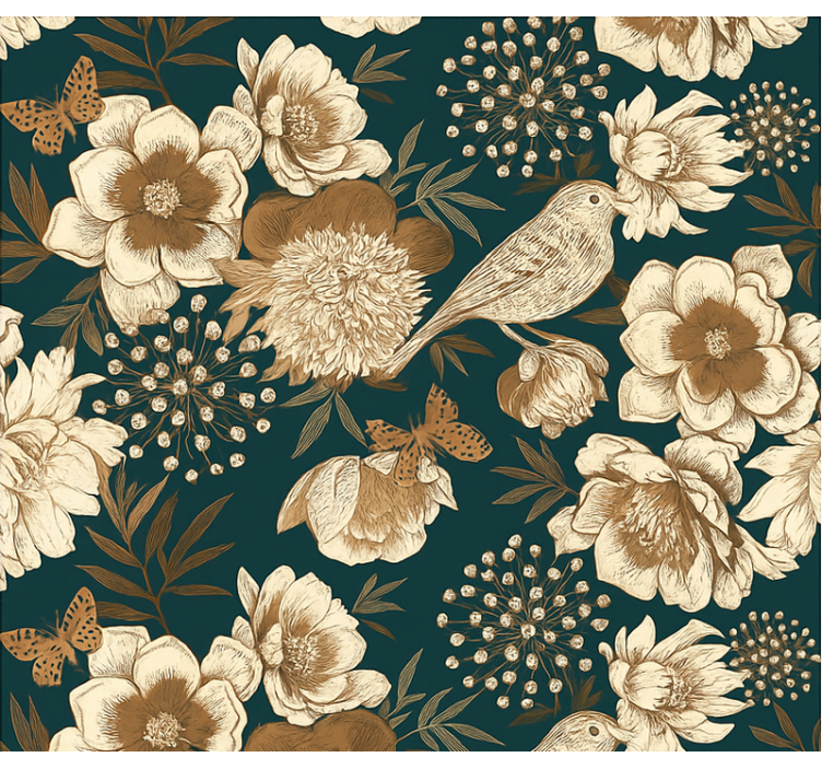 새가 있는 벽지 빈티지 식물학적 치노이세리 - TenStickers