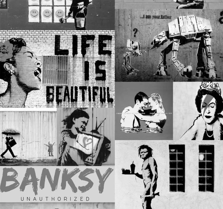 아트 벽지 banksy-회색 콜라주 - TenStickers
