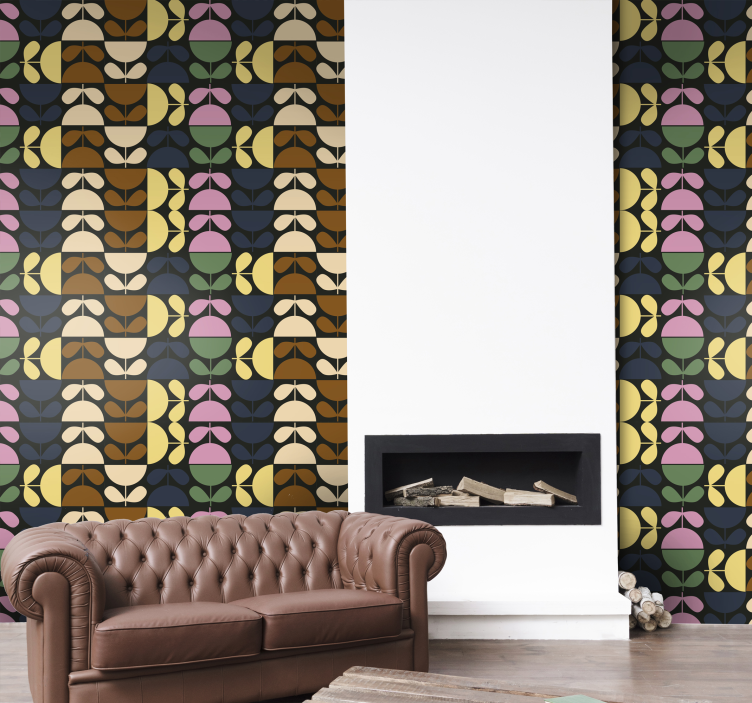 꽃 장식이 있는 벽지 스타일화된 잎 패턴 - TenStickers