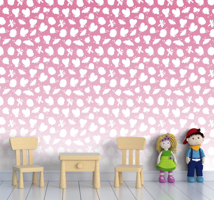 분홍색 저하 벽지와 나비 - TenStickers