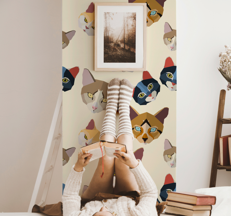 고양이가 있는 벽지 기하학적 고양이 얼굴 - TenStickers