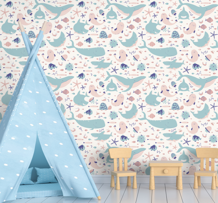 어둡고 밝은 파란색 상어 동물 벽지 - TenStickers