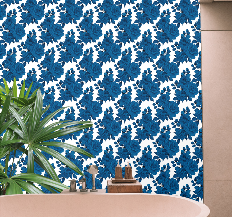 꽃 장식이 있는 벽지 푸른 장미꽃 만개 - TenStickers