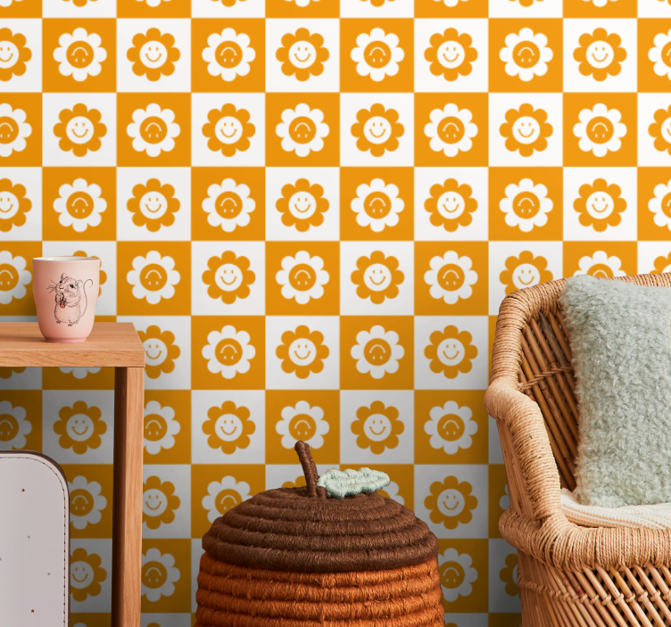 꽃 장식이 있는 벽지 웃는 꽃 패턴 - TenStickers