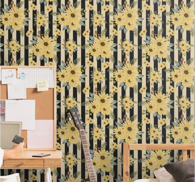 꽃 장식이 있는 벽지 줄무늬 해바라기 패턴 - TenStickers