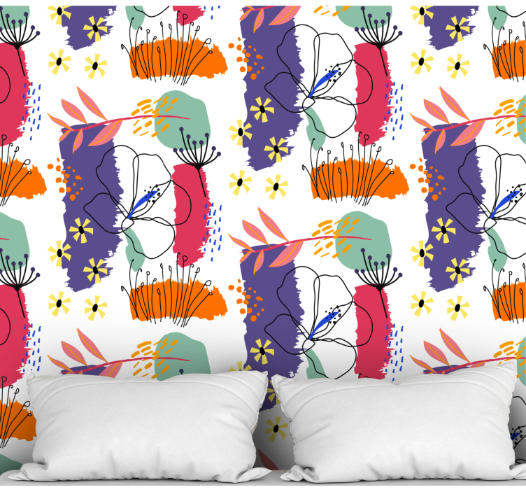 꽃이 있는 벽지 식물 스케치 패턴 - TenStickers